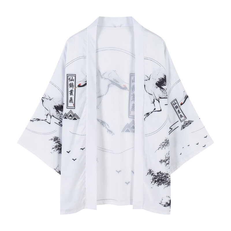 Homens finos branco guindaste impressão protetor solar casaco yukata roupas femininas harajuku cardigan japonês kimono verão blusa solta