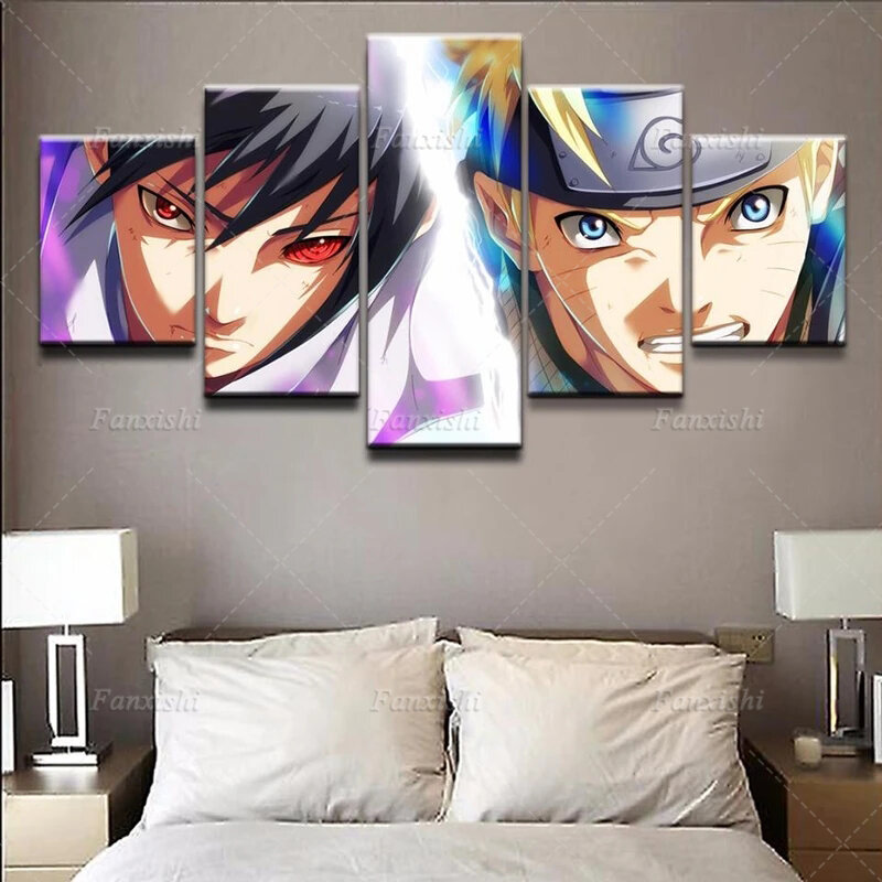 5 Panel Anime Posters Naruto Uchiha Sasuke Wall Art Canvas Painting Hd Print Modular Pictures Boy'S Living Room Decor Fans Gift