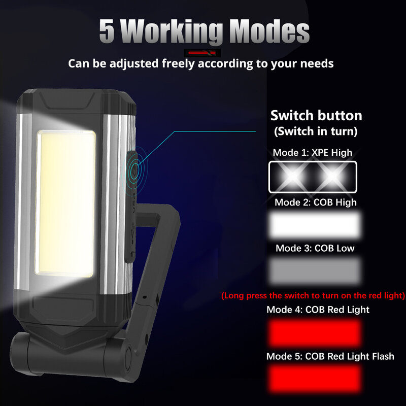 Luz de trabajo COB recargable por USB, linterna LED superbrillante, lámpara de Camping portátil con imán trasero, linterna ajustable impermeable
