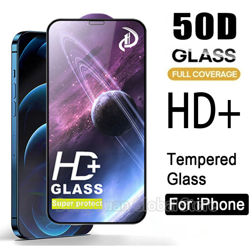 Protector de pantalla de vidrio templado para iPhone 12 Pro, película de vidrio de cobertura completa, 50D HD +