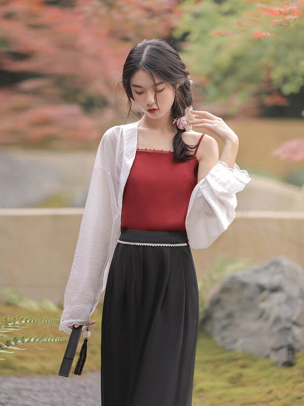 한 오리지널 디자인 국가 바람 랜턴 바지 여성 Xia Bai 세트 쉬폰 셔츠 여성 가슴 슬링 2021 신제품