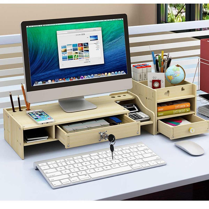 Support de bureau en bois pour moniteur d'ordinateur, support de bureau multifonctionnel pour ordinateur portable avec armoire