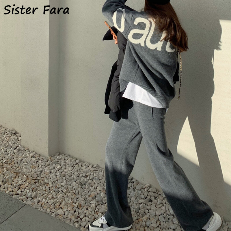 Schwester Fara Frühling Herbst Beiläufigen Satz Frau 2 Stück O-ansatz Stricken Pullover + Hohe Taille Gerade Breite Bein Hosen Weibliche zwei-stück Anzug