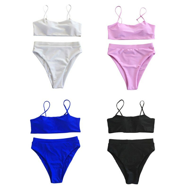 EFINNY – maillot de bain pour femmes, ensemble deux pièces solide, Bikini, taille haute, trois points gratuits, été, 2021