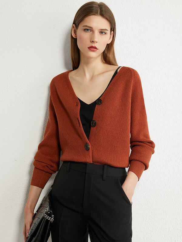 AMII – Cardigan en maille minimaliste pour femme, pull tricoté, solide, col en v, simple boutonnage, décontracté, mode automne 12020326