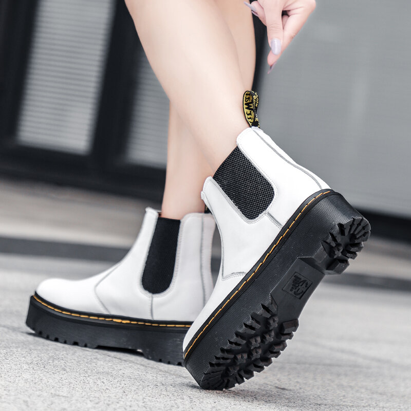 Женские ботинки челси Martens, черные кожаные ботильоны в стиле панк, мотоциклетные ботинки на толстой платформе