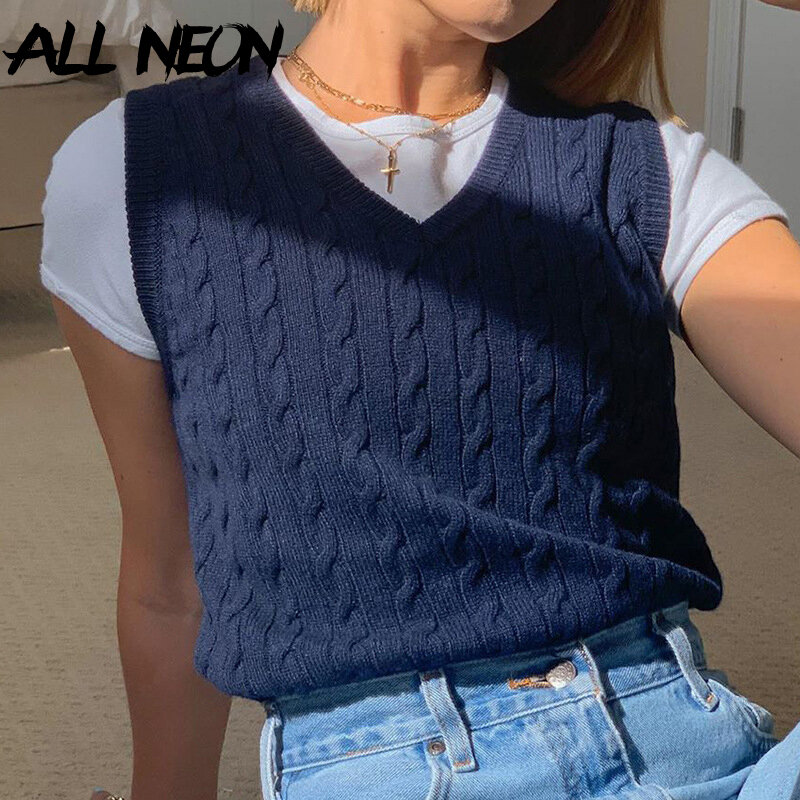 ALLNeon e-girl 90s Vintage Twist solidna dzianinowa bluzka z dekoltem w szpic Y2K moda bezrękawniki topy jesienna, w stylu Basic przycięte swetry śliczne