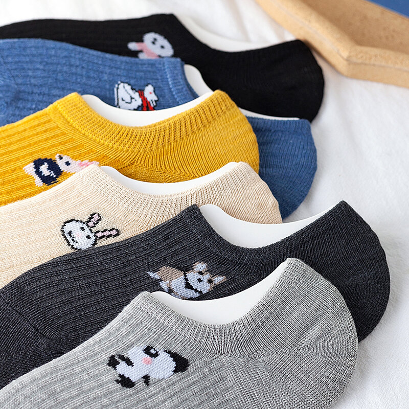 Lot de 5 paires de chaussettes invisibles pour femmes, imprimé Animal Kawaii, mode Happy Fashion, cheville, amusantes, en coton, antidérapantes, été