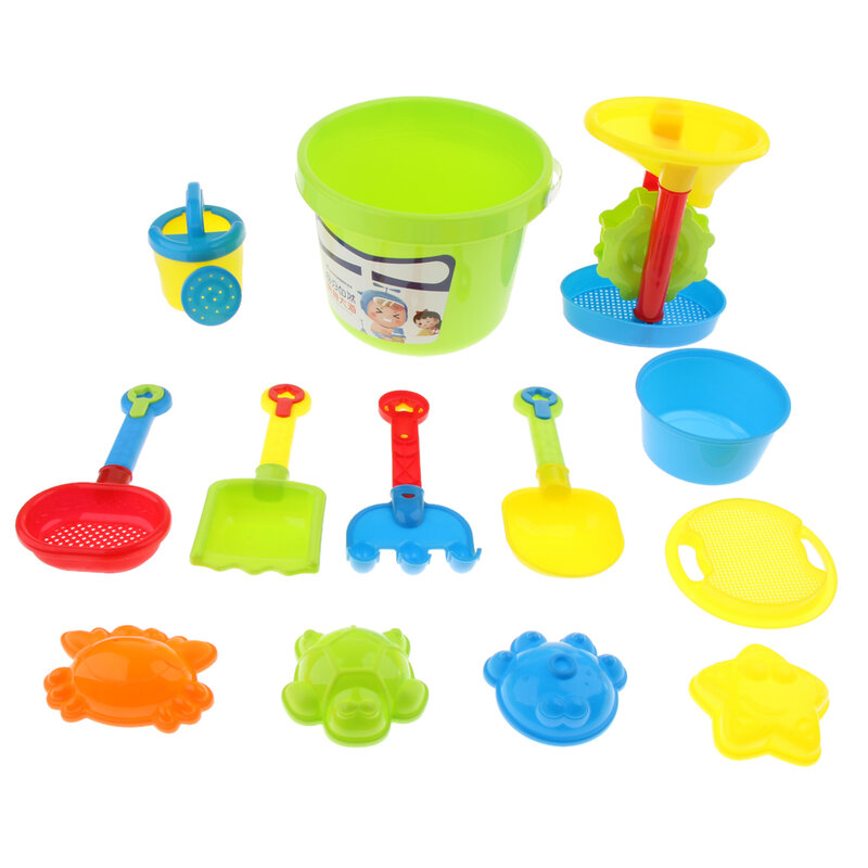 Kids Beach Sand Toy Set (12Pcs/Set) with Large bucket, Water Wheel, Shovel, Rake, Molds (Random Color)
