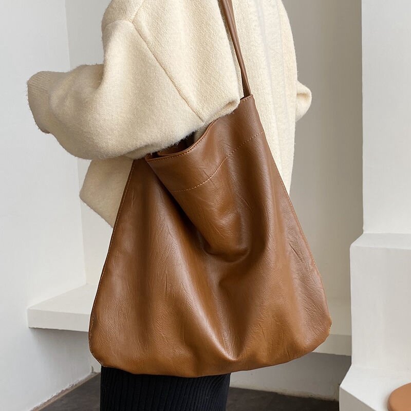 Дизайнерская сумка-тоут на плечо для женщин, вместительный саквояж из искусственной кожи, Модный Универсальный простой однотонный чемодан...