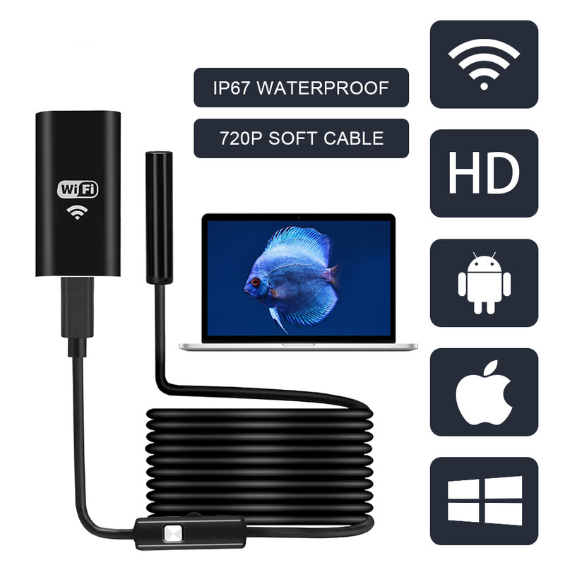 FUERS Kamera Endoskopi WIFI HD 1200P/720P 8Mm Kamera Inspeksi Mini Tahan Air Nirkabel Telepon Android IOS Endoskopi WIFI