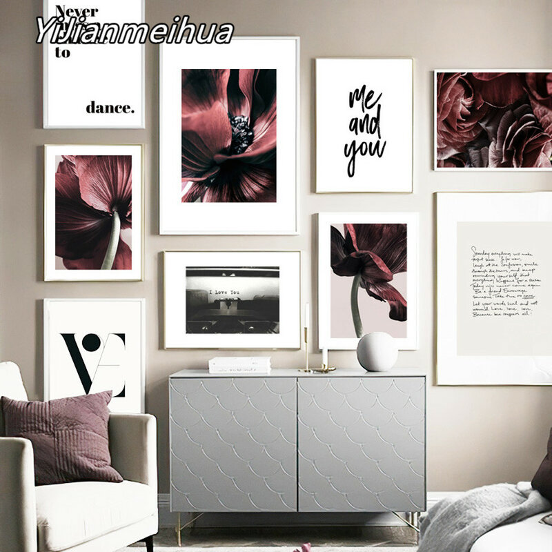 Burgundy Rose Flower Love Dance Quotes Wall Art Canvas Painting Nordic Posters And Prints Wall Pictures For Living Room Decor