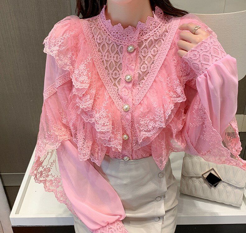 Autumn Korean Sweet Loose Clothes Lace Up Ruffled Women Blouses Fashion Stand Collat Ladies Tops Vintage Lace Shirts Women