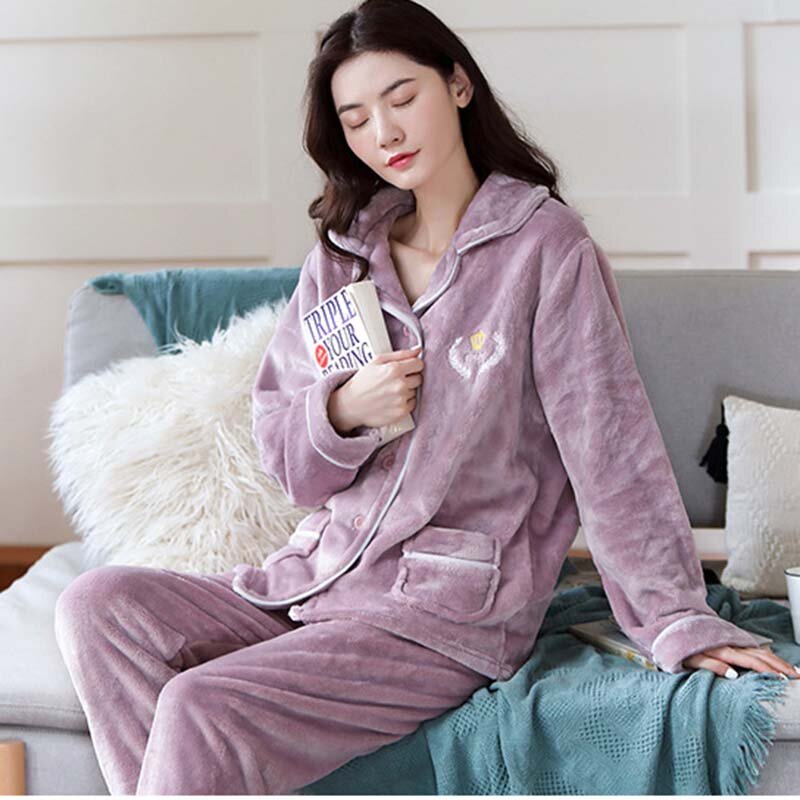 Conjunto de pijama de dos piezas para mujer, ropa de dormir cálida con estampado informal, de manga larga, a la moda, para otoño e invierno, NBH546