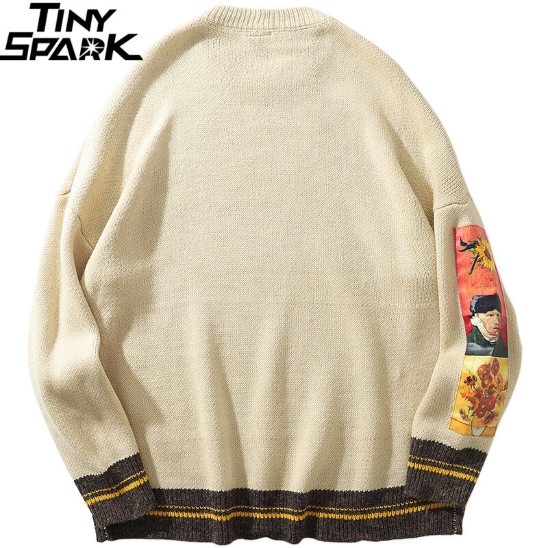 2021 Sweter Hip Hop Pria Pullover Streetwear Van Gogh Lukisan Bordir Sweter Rajutan Retro Antik Musim Gugur Sweter Katun