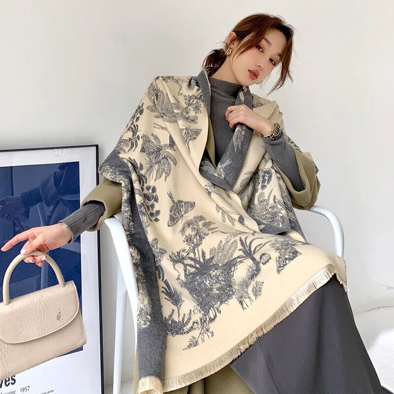 Floral Print Scarf For Women Warmer Winter Cashmere Pashmina Scarf Shawls Female Thick Blanket Wraps Foulard