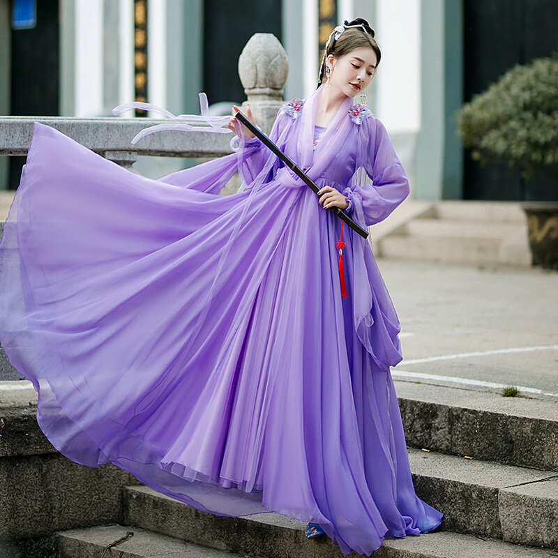 Starożytne chińskie tradycyjne ubrania nowy zestaw damski Hanfu dziewczyna sukienka dla studentki Hanfu garnitur kobiety koronkowa szyfonowa fioletowa spódnica do tańca