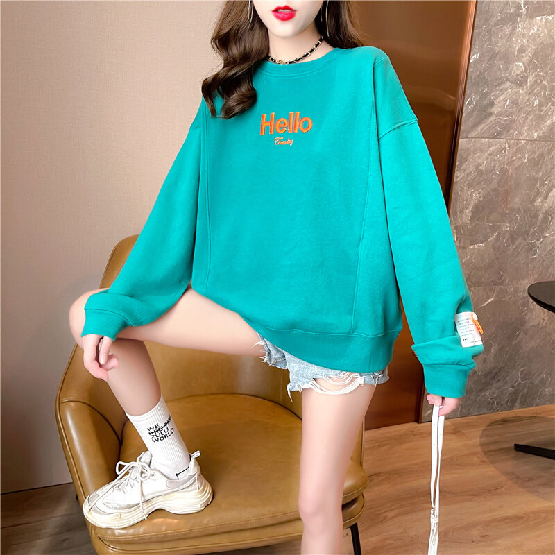 Atasan Wanita Kasual Katun Kaus Sweter Lengan Panjang Tipis Musim Semi Musim Gugur Wanita Korea Longgar Kaus Atasan Wanita 6195E