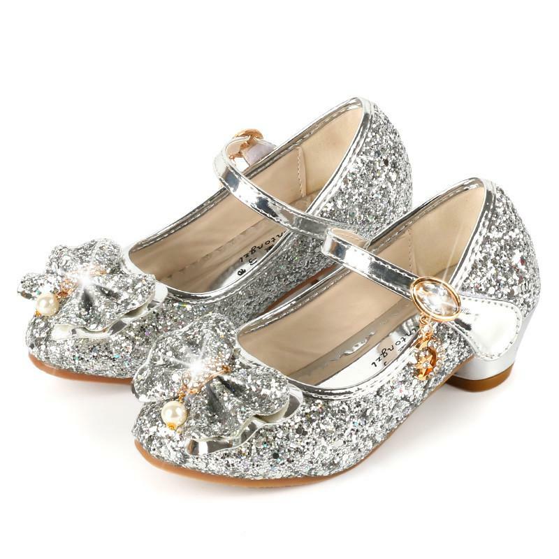 Sapatos de couro infantil de princesa para meninas, calçados casuais com detalhes em glitter, borboleta, azul, rosa e prata, 2021