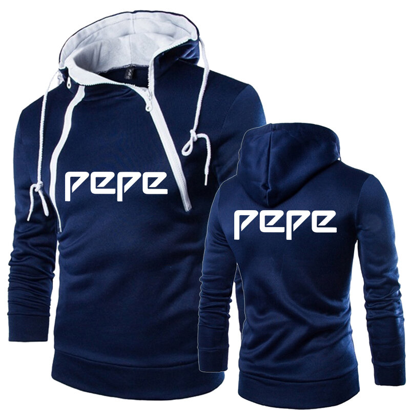 Men's PEPE Print Hoodie Solid Color Double-stranded Zipper Sweatshirt for Male Fall Winter Long Sleeve Windproof Motorcycle Wear