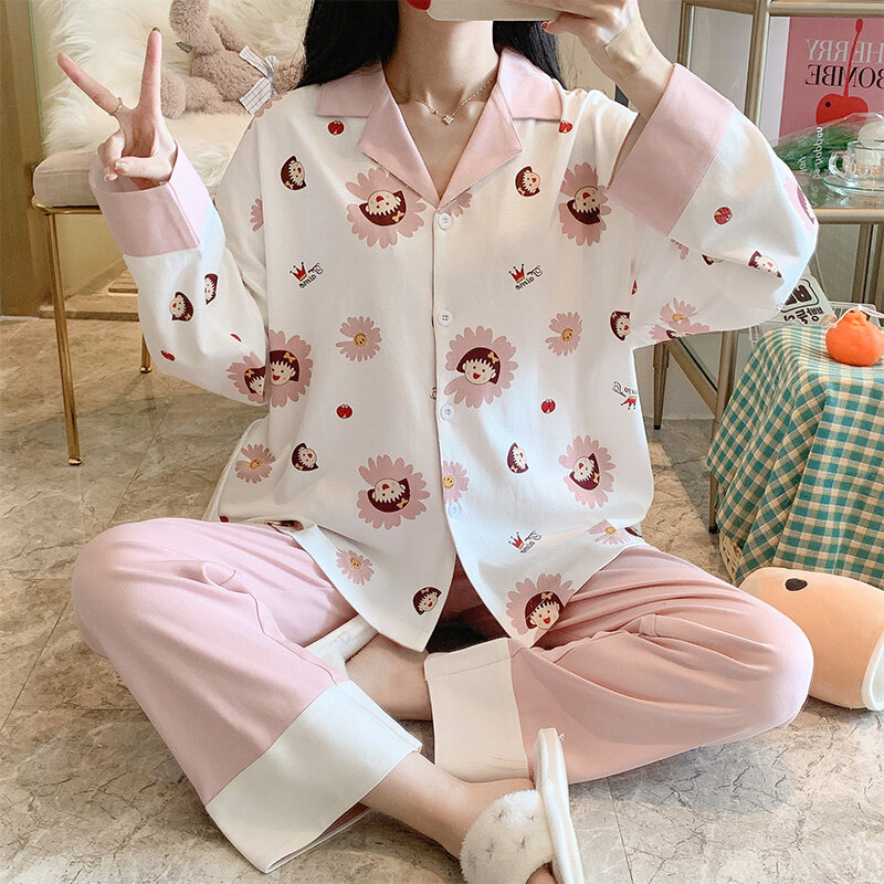 2021 New Style Pajamas Women's Spring And Autumn Pure Cotton Long Sleeves Lovely Summer, Autumn And Winter Home Clothes