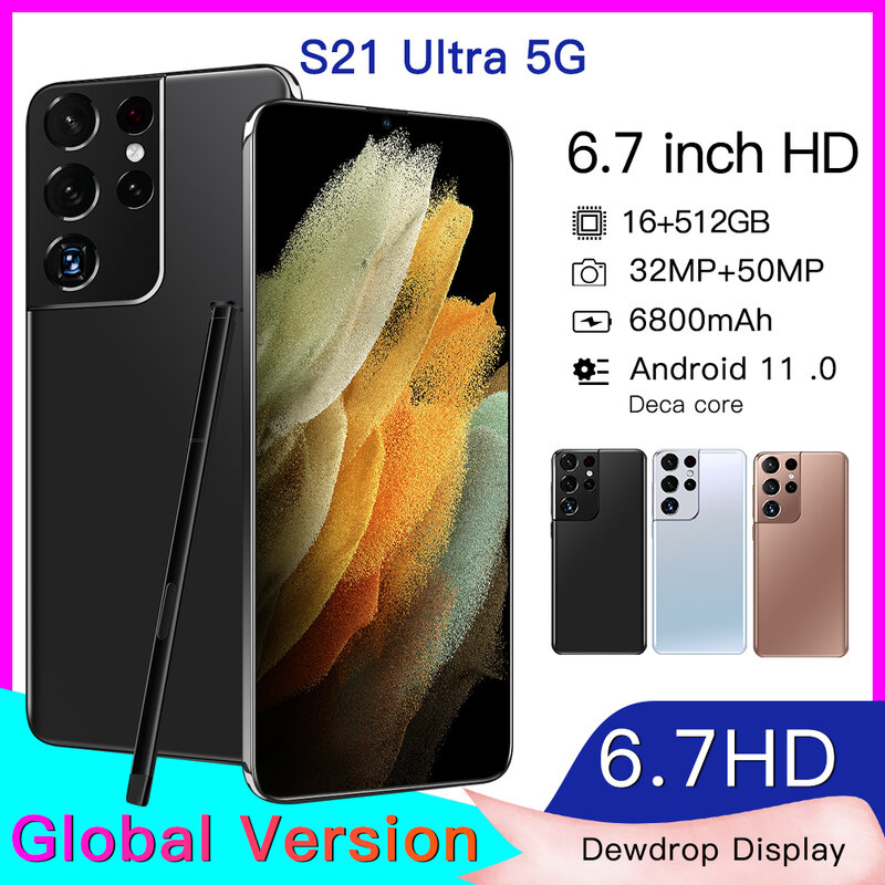 Hot Koop Global Versie S21 Ultra Smartphone 6.7 Inch Scherm Snapdragon 888 32MP 50MP 16Gb 512Gb 6800Mah batterij Gezicht Id Unlock