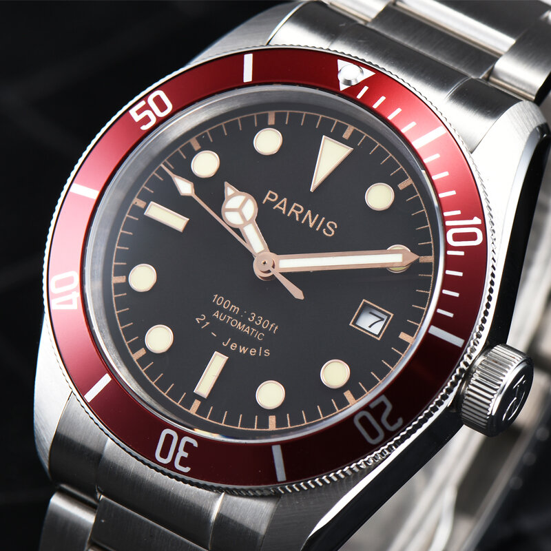 Parnis 41mm Red Bezel Automatic Mechanical Men's Watches Calendar 21 Jewel Luxury Watch Men montre automatique homme 2022 Gift