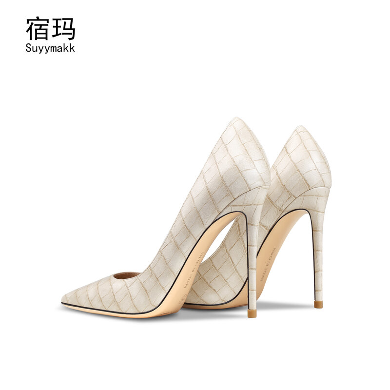 Zapatos de tacón alto de piel auténtica con estampado de cocodrilo para mujer, calzado Sexy de boda, punta estrecha, 2021