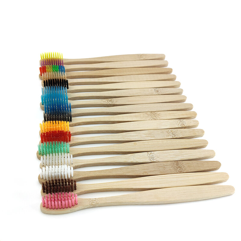Escova de dentes de bambu, cores mistas, produtos ecológicos, escova de dente de madeira, ponta macia, carvão para cuidados orais adultos, 12 peças