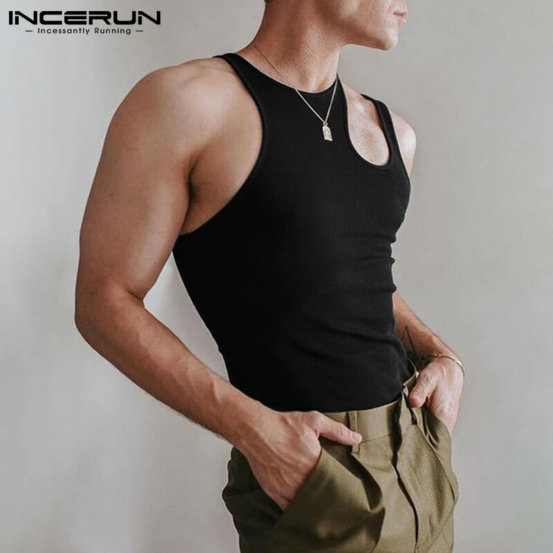 INCERUN 2021 세련된 새 남성 솔리드 패션 캐주얼 스타일 조끼 남성 Comeforable 민소매 어깨 중공 통풍 조끼 S-5XL