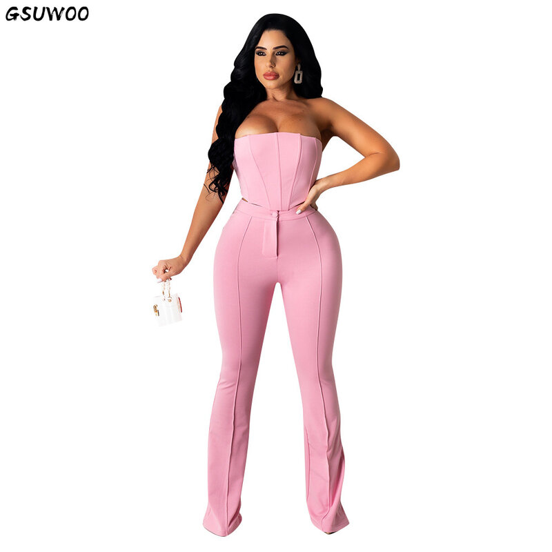 GSUWOO Women Two Piece Set Casual Strapless Corset Crop Tops Fly Wide Leg Pants Autumn Solid Streetwear Outfit Active Tracksuit