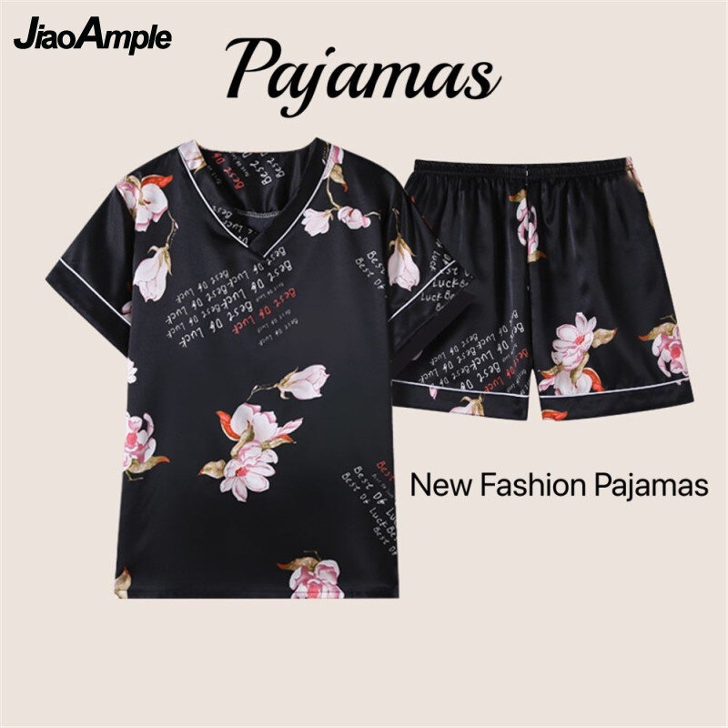 夏の氷の絹パジャマ女性2021新プリントショーツ半袖pijamas 2点セットガールvネックかわいい薄型パジャマホームウェア