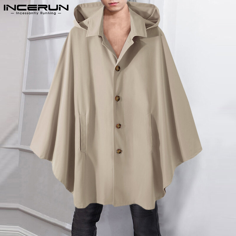 American Style New Men's Stylish Trench Loose Buttons All-match Simple Male Hooded Short Slotted Cloak S-5XL INCERUN Tops 2021