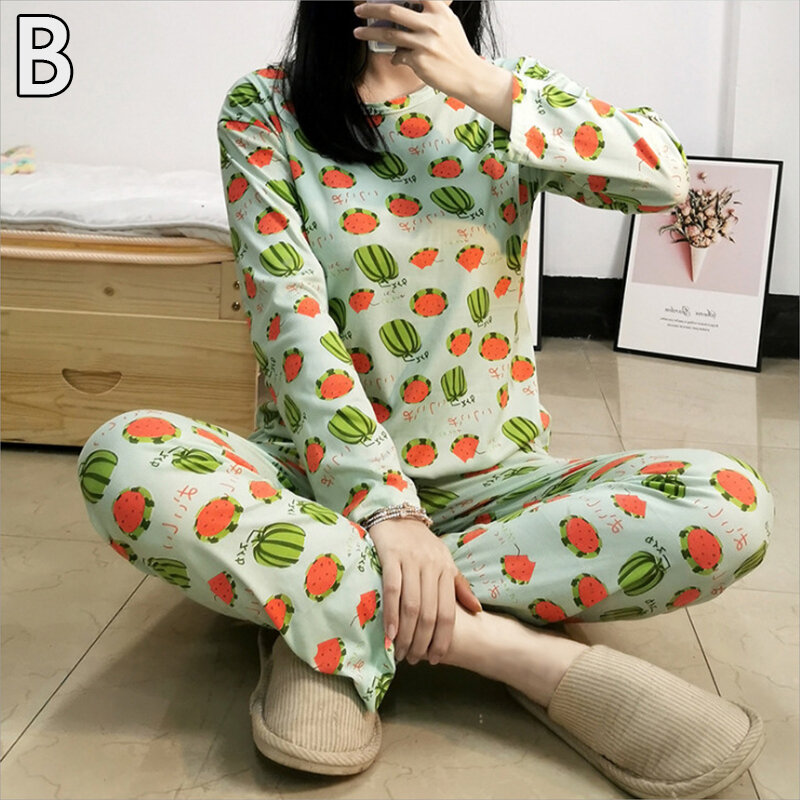 Womens Pyjama Leuke Katoen Afdrukken Lange Mouw Nachtkleding Trui Broek Suits Pijama Set Comfortabele Meisje Homewear Thuis Kleren