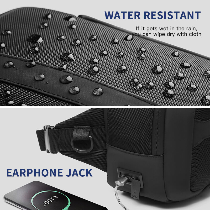 OZUKO متعددة الوظائف مقاوم للماء الخصر حقيبة الرجال USB Crossbody حقيبة بحزام الهاتف الصغيرة حقيبة كيس الذكور قصيرة السفر الصدر حزمة مراوح