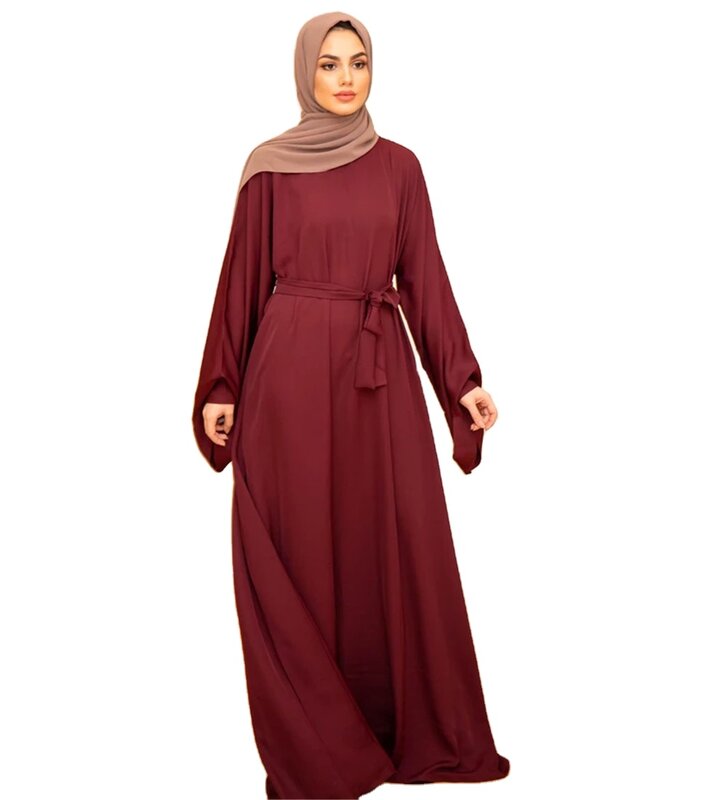 Gaun Panjang Wanita dengan Sabuk Pakaian Islami Gaun Panjang Jubah Dasar Timur Tengah Turki Warna Solid Ukuran Plus Dubai Muslim