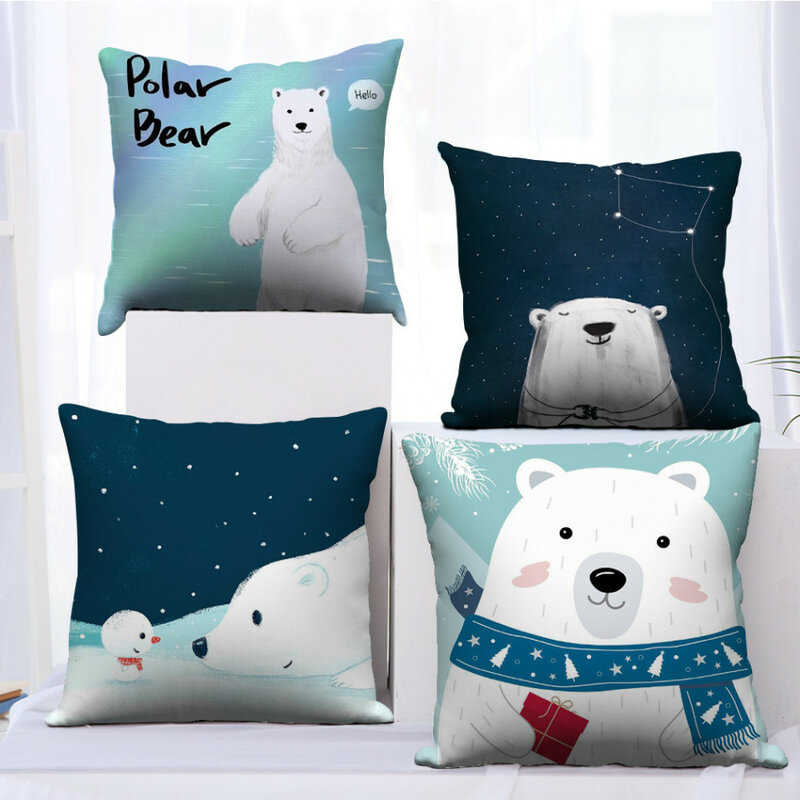 Nanacoba Christmas Decor Pillow Case Cute White Polar Bear Printing Throw Pillowcase for Living Room Sofa Bed Car Cushion Cover