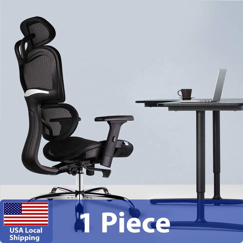 Silla de oficina de malla ergonómica, asiento de escritorio de espalda alta con reposacabezas ajustable y reposabrazos