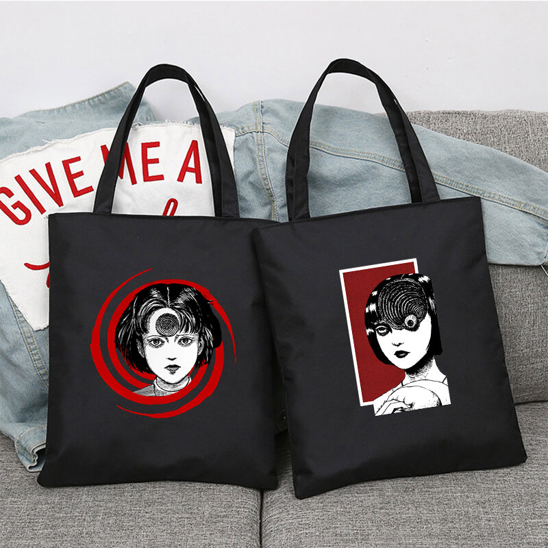 Junji ito sacos de compras das mulheres saco anime pasta lona shopper tote tecido designer bolsas pano shopper impresso lona saco