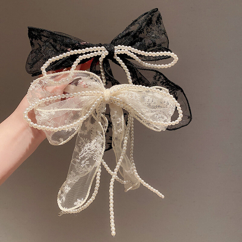 Koreaanse Zwart Wit Kant Parel Strik Haar Pin Haaraccessoires Voor Vrouwen Mode Eenvoudige Sieraden Strik Baret Clip Meisje Gift
