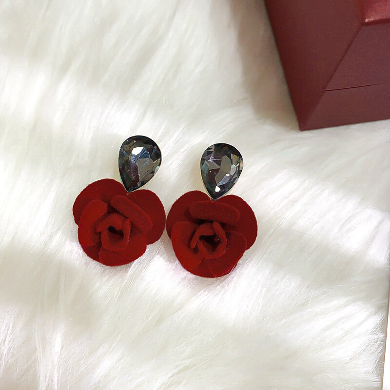 Korean Sterling Silver Needle Rose Crystal Stud Earrings Female Personality Creative Drop Earrings Fashion All-Matching Ear