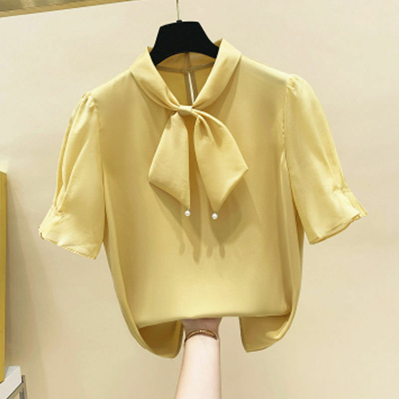 Blusa Vintage de Chifón con manga corta para verano, camisa con lazo y abalorios para mujer, 2021