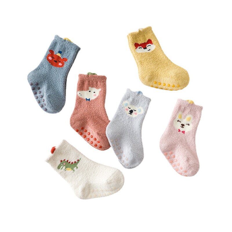 Chaussettes pour enfants, motif dessin animé, pour garçons et filles, pour nouveau-né, en molleton de corail chaud, chaussettes de sol pour bébé, cadeaux d'automne et d'hiver
