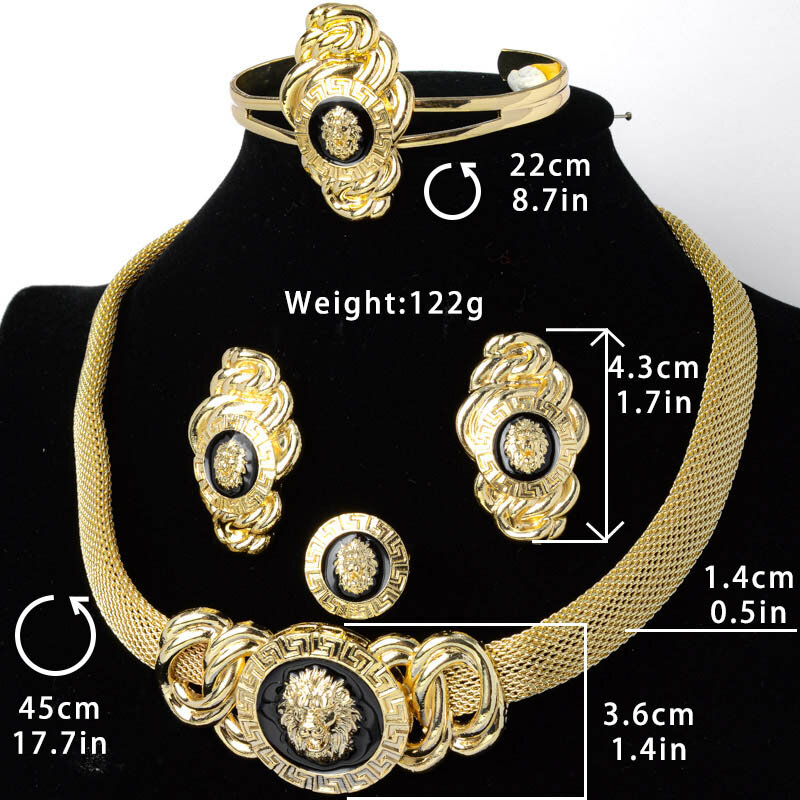 Zeadear conjuntos de jóias cabeça de leão preto óleo banhado a ouro brincos colar pulseira anel para as mulheres clássico da moda desgaste diário do partido