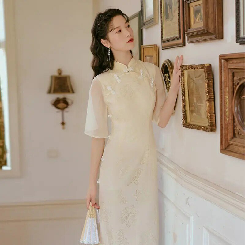 Gaun Bordir Cheongsam Gaya Cina Cheongsam Elegan untuk Anak Perempuan Gaun Wanita Cina Cheongsam Qipao Pernikahan 2021 Musim Panas