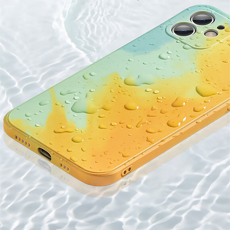 Funda de silicona líquida de lujo para móvil, carcasa de acuarela cuadrada para Apple iPhone 12 11 Pro Max X XR XS Max Painti, cubierta suave gradiente colorida