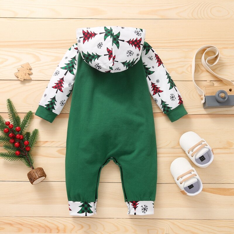 Noworodek Romper kostium dla niemowląt chłopcy świąteczny nadruk drzewa ubrania zestaw dziewczynek odzież kombinezon śpioszki dla niemowląt