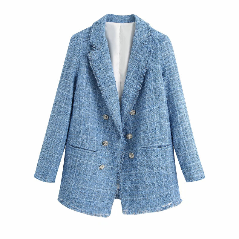 Chaqueta azul de Tweed para mujer, Blazer holgado Vintage, moda informal, trajes de calle para chica Chic, 2021