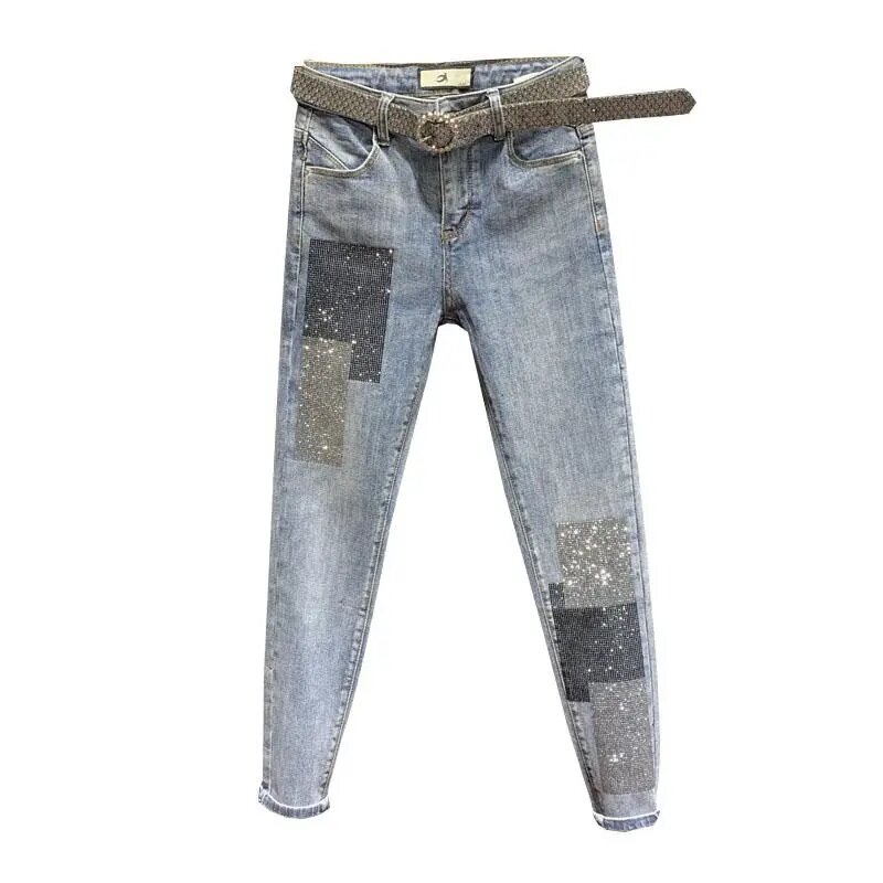 Стразы Модные узкие джинсы для женщин Весна 2022 Новинка эластичные брюки-карандаш с высокой талией модные джинсовые брюки