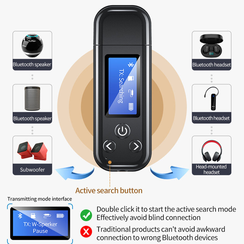 2021NEW Bluetooth5.0 trasmettitore Audio USB ricevitore Monitor LCD batteria integrata 3.5mm AUX RCA adattatore Wireless Stereo TV PC Car
